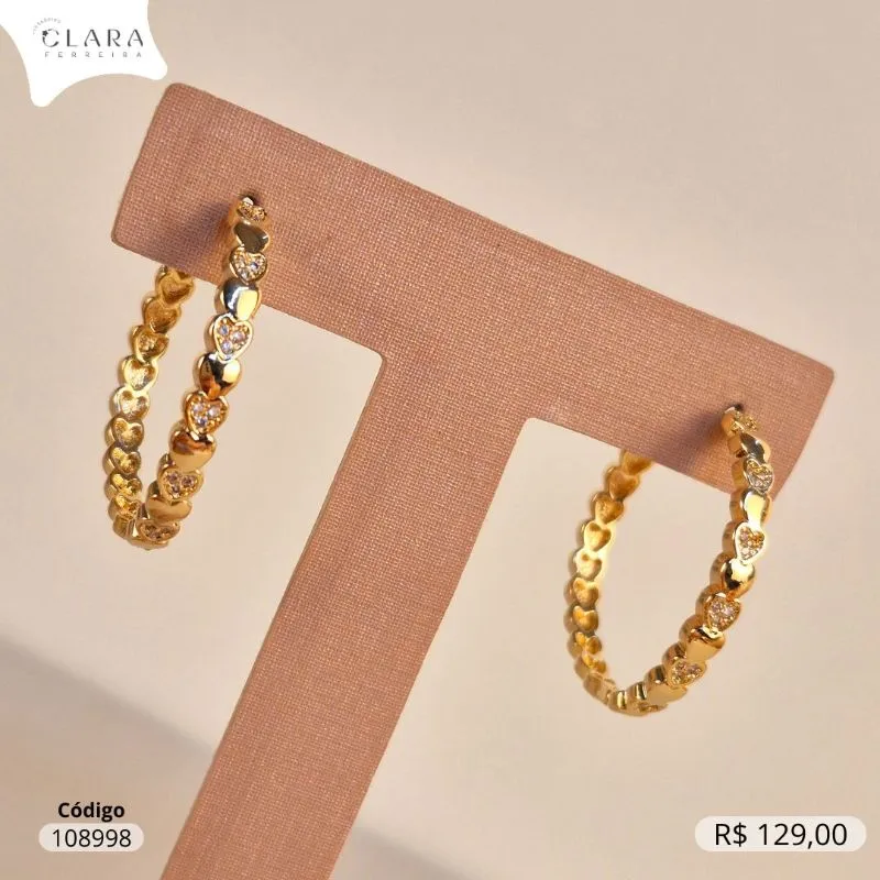 BRINCO ARGOLA FIO CORAÇÕES MICROZIRCONIAS E LISOS INTERCALADOS  - 30X4MM - Dourado