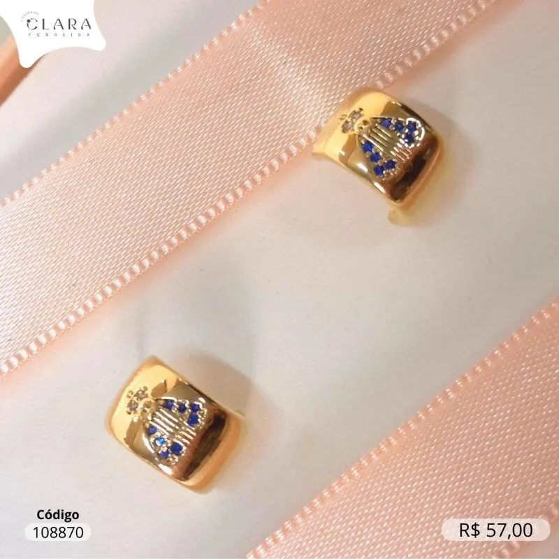 BRINCO ARGOLINHA C/ NOSSA SENHORA MANTO E COROA MICROZIRCONIAS  - 12X8MM - Dourado