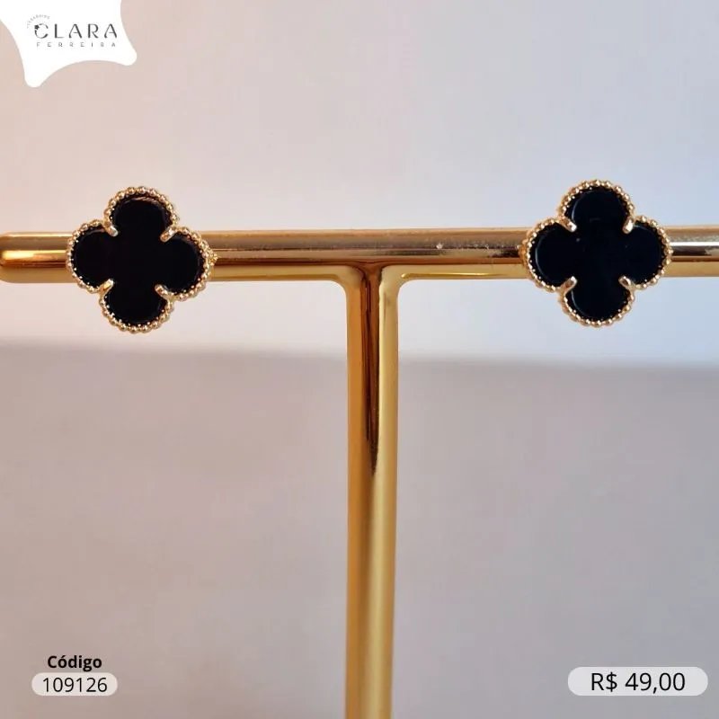 BRINCO TREVO VAN CLEEF ALHAMBRA CRISTAL PRETO - 10MM - Dourado